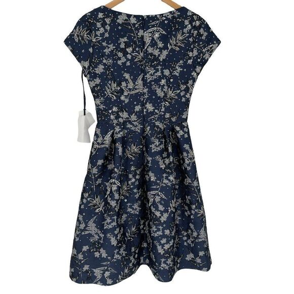 Theia Metallic Floral Jacquard A-Line Dress Knee Length Beaded Sequin Blue 2 - Picture 8 of 15